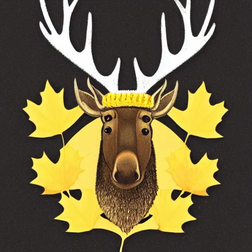 Prompt: a yellow moose with maple leaf antlers looking to the side logo, black background, logo