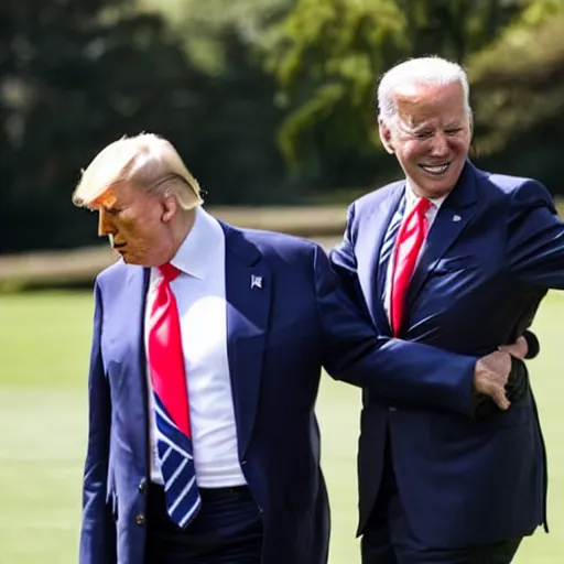 Image similar to trump puts biden in a headlock on the white house lawn