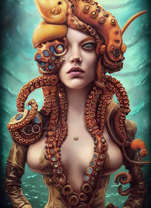 Prompt: steampunk pirate portrait of emma stone, underwater, octopus, pixar style, by tristan eaton stanley artgerm and tom bagshaw.