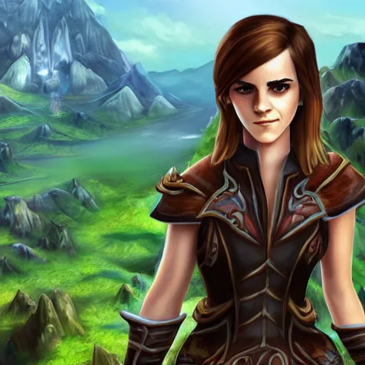 Prompt: Emma Watson in the style of the game World of Warcraft, with a background based on the game World of Warcraft, detailed face, old 3d graphics