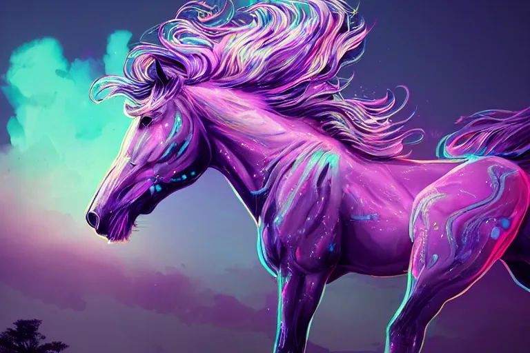 Image similar to a stunning horse with bioluminescent mane and tail running in the sky by sandra chevrier and greg rutkowski, neon hooves, purple blue color scheme, vaporware, retro, outrun, high key lighting, volumetric light, digital art, highly detailed, fine detail, intricate, ornate, complex, octane render, unreal engine, photorealistic