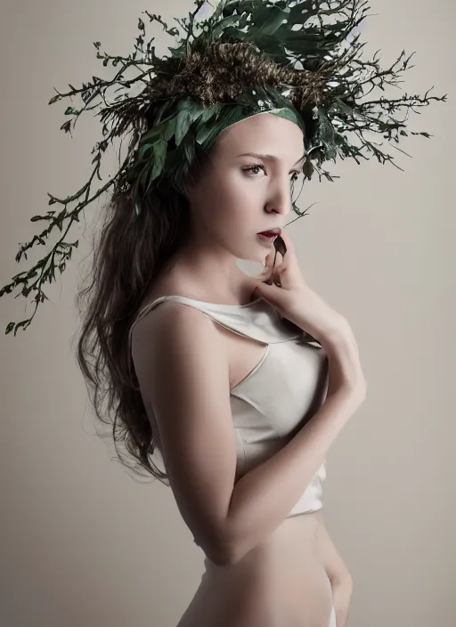 Prompt: a photo of a female model, orgnic headpiece, vines, horn, moss, fashion photography, realistic, hyperdetails, dark grey backdrop studio