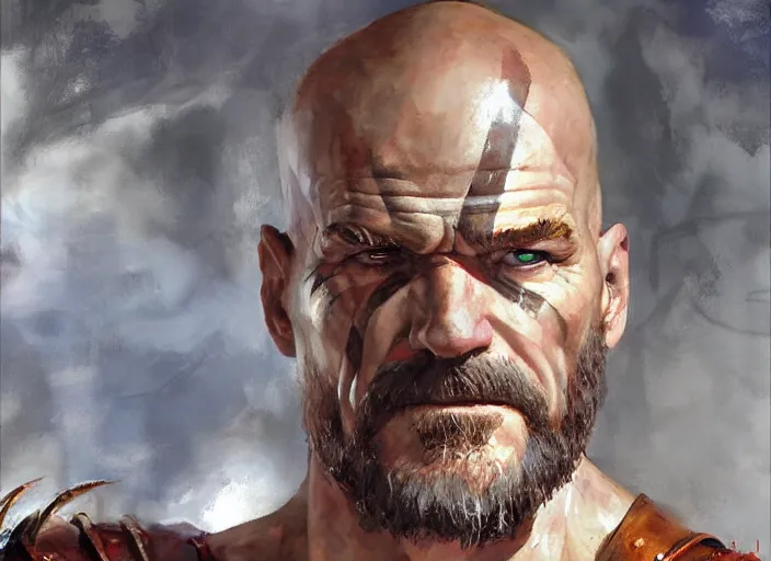 Image similar to a highly detailed beautiful portrait of bryan cranston as kratos, by gregory manchess, james gurney, james jean