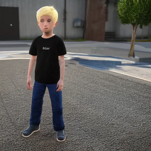 Image similar to a detailed full body image of boy with blonde hair and blue eyes wearing a black tshirt, unreal engine 5 rendered, incredibly highly detailed and realistic, 8 k, sharp focus, studio quality