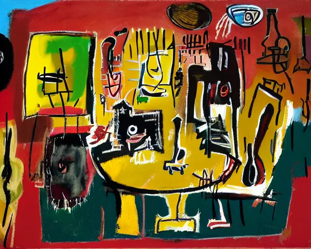 Image similar to painting of a dinner table with food by graham sutherland, basquiat!!, neo - expressionism, muted colors!