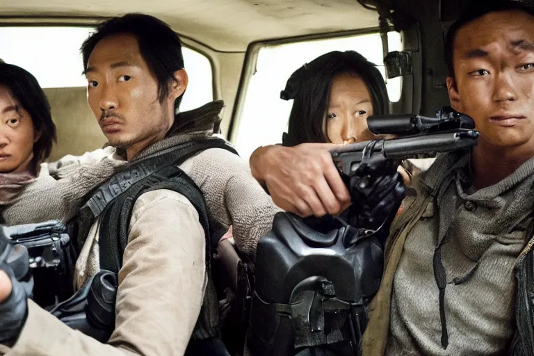 Prompt: movie diverse interracial team of Japanese robbers armed with rifles interior van, beautiful skin, natural lighting by Emmanuel Lubezki