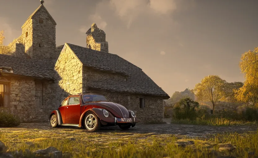 Image similar to a vw beetle parked near a small medieval stone house at sunrise, concept art, octane render, unreal engine 5, trending on artstation, high quality, 8 k, soft lighting, path traced, hyperrealistic, highly detailed, digital art, symmetrical, cinematic, high coherence, godrays