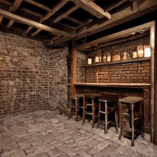 Image similar to a late 19th century London at night themed basement, cobblestone floors