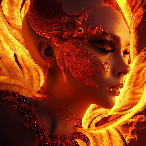 Image similar to the fire queen, 4 k, intricate detailed, jaw dropping, gorgeous, surreal, octane render