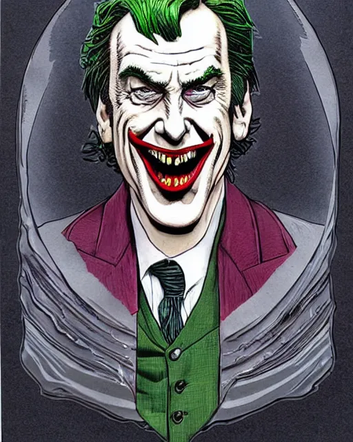 Image similar to portrait of saul goodman as the joker, die cut sticker, art by neil gaiman and peter elson, bernie wrightson