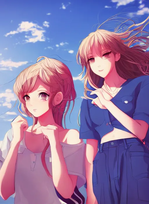 Image similar to two beautiful women under a blue sky, casual summer clothes, gorgeous faces, thick lines, cinematic lighting, detailed anime art