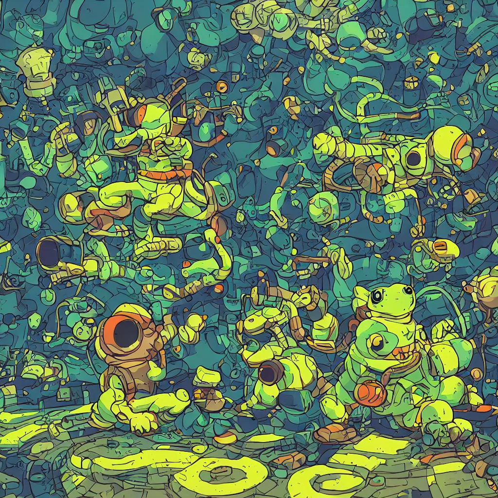 Image similar to toads, deconstructed amphibian, ryuta ueda artwork, breakcore, style of jet set radio, y 2 k, gloom, space, cel - shaded art style, indigo rainbow, data, minimal, code, cybernetic, dark, eerie, cyber