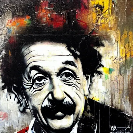 Image similar to portrait of albert einstein by karol bak, banksy, simon bisley, guy denning, mimmo rotella, ravi zupa