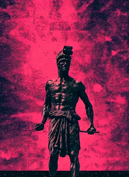 Image similar to black background with subtle red and purple design elements, statue of julius caesar, nekro, movie poster, thin lines, dark, glitch art, neo vaporwave, gritty, layout frame, trending on artstation