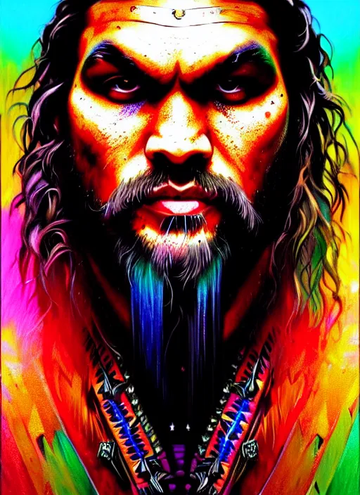 Image similar to portrait of jason momoa, hyper detailed ultra sharp aztec shaman warrior. trending on artstation, warpaint aesthetic, bloodwave, colorful, psychedelic, ornate, intricate, digital painting, concept art, smooth, sharp focus, illustration, art by artgerm and greg rutkowski and h. r. giger, 8 k