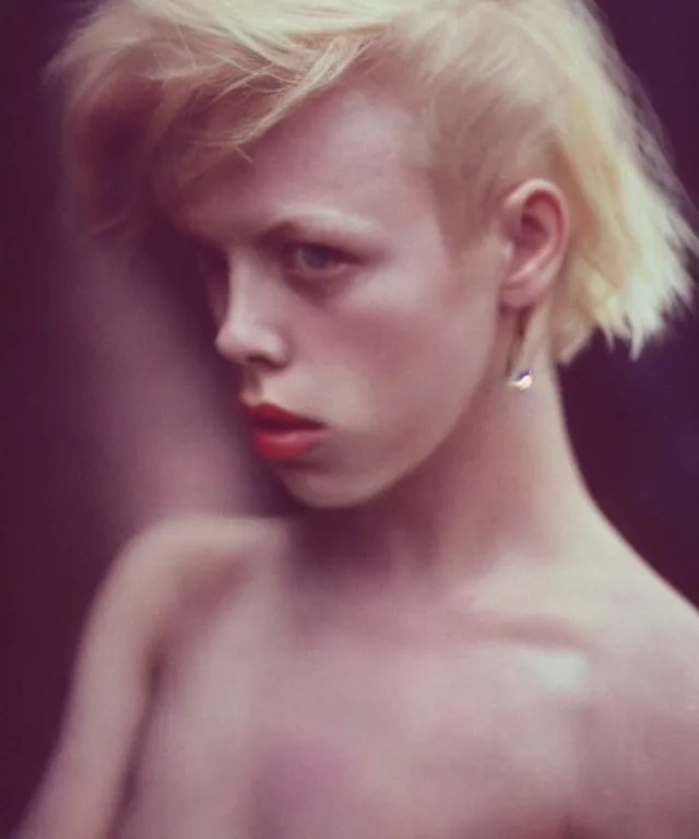 Image similar to a color photograph of edie campbell, bleached blonde short hair, by nan goldin, intense, bold, hyperrealistic, ultra sharp, extra details, ultra high quality, trending on pinteresst