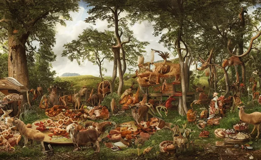 Image similar to a rotflügelsittich, sitting in the trees surrounded by meats and sausages, highly detailed, national geographic