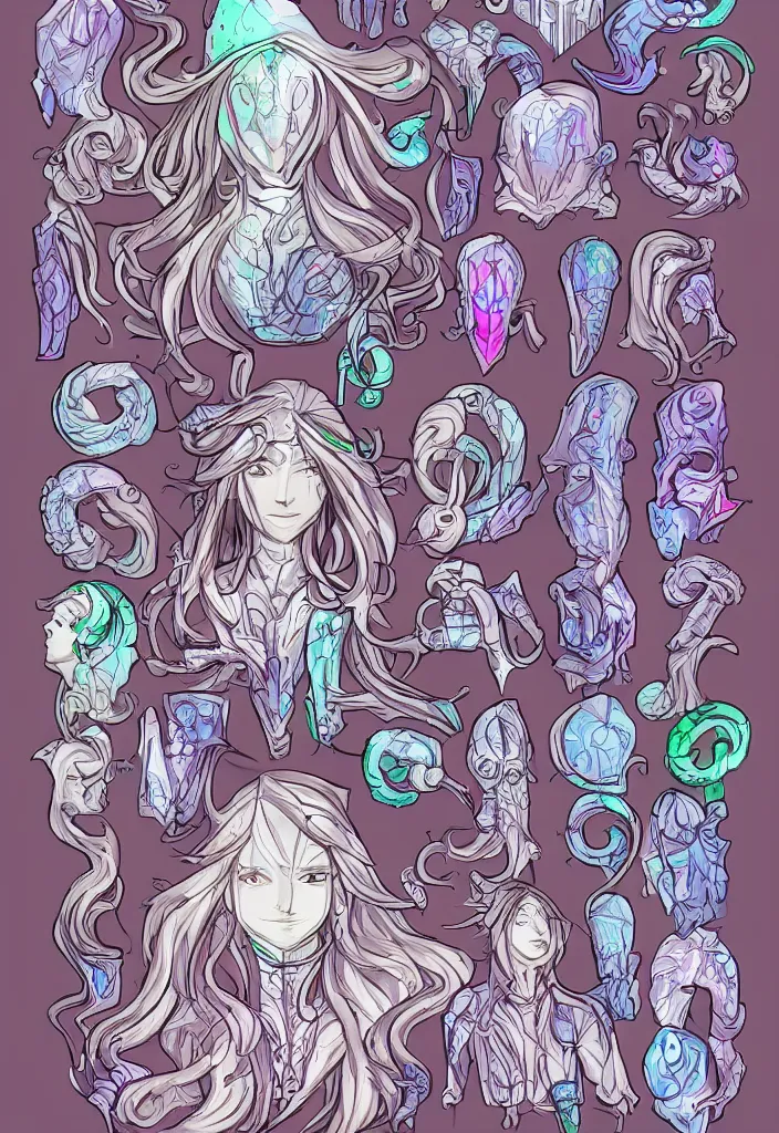 Prompt: eldritch spirit wearing stained glass armor, clear sky background, cell shading ambient occlusion, isometric character sheet, long hair, pastel pallette, detailed eyes