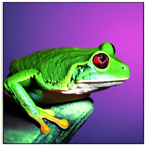 Prompt: “ a white ’ s tree frog with lasers shooting out of its eyes ”