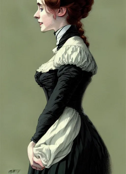 Image similar to a portrait of a young irish woman with a crooked nose in victorian clothing, confident pose, intricate, elegant, sharp focus, illustration, highly detailed, concept art, matte, trending on artstation, anime, art by james jean and artgerm and brian despain and alberto mielgo, greg rutkowski, wlop, ilya kuvshinov, strong strokes