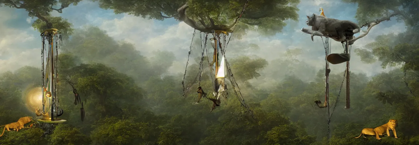 Prompt: a kinetic picture of a giant newton\'s cradle, pendulum, in the jungle, towering over a lion and a lizard, 8k, 4k, trending on artstation, surrealism, expressionist painting, unreal engine
