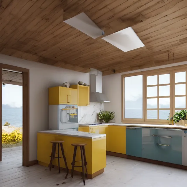 Image similar to kitchen interior in a wooden a frame cabin, yellow cabinets and white walls, vintage fridge, large window in back with ocean scenery, marble countertops, leather couch, realistic, unreal engine render, octane render, hyper realistic, photo, 8 k