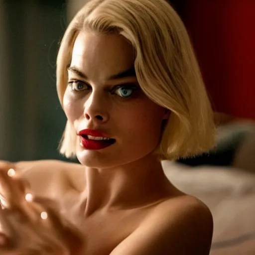 Image similar to still of margot robbie, morning routine in american psycho