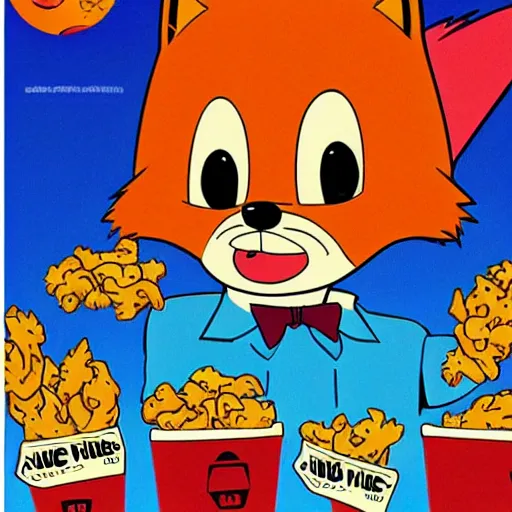 Image similar to 90s cartoon movie poster, featuring anthropomorphic fox looking at a pile of fried chicken, promotional advertising poster media