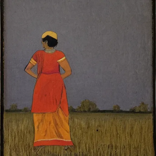 Prompt: a woman standing in a field in the style of alphonse muncha