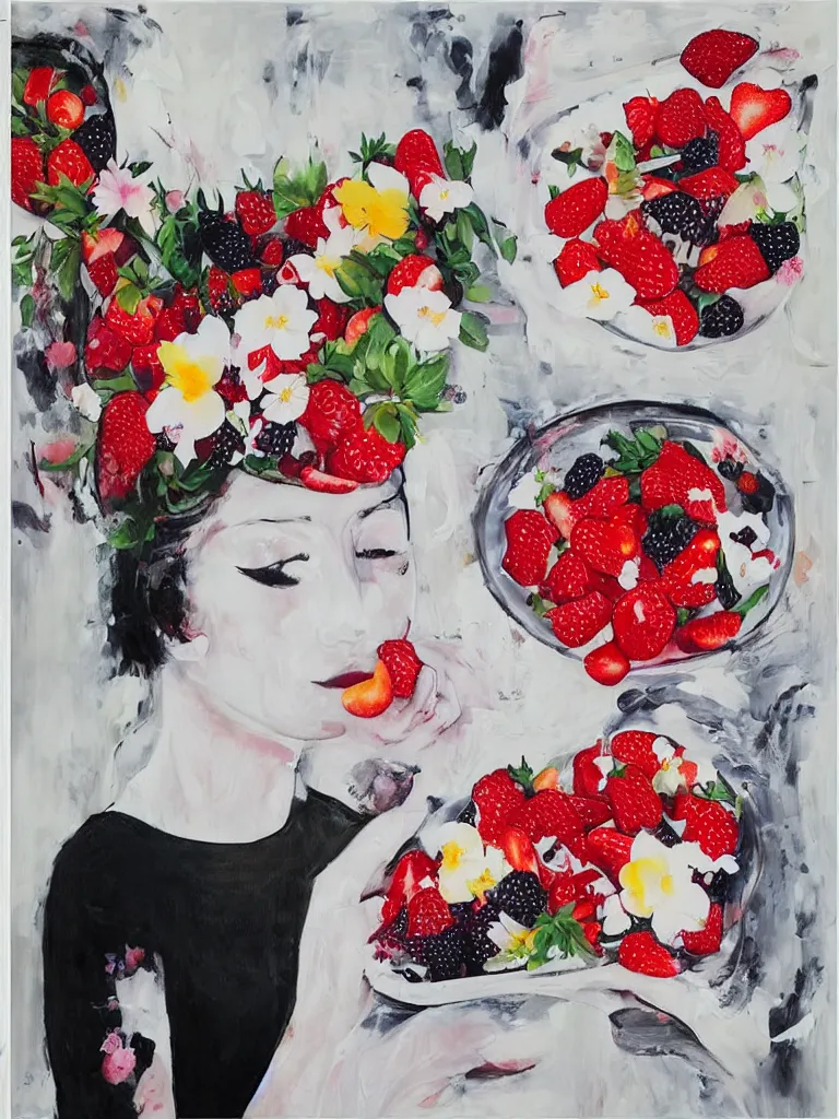 Prompt: “art in an Australian artist’s apartment, portrait of a woman wearing white cotton cloth, eating luscious fresh raspberries and strawberries and blueberries, white wax, edible flowers, Japanese pottery, ikebana, black walls, acrylic and spray paint and oilstick on canvas”