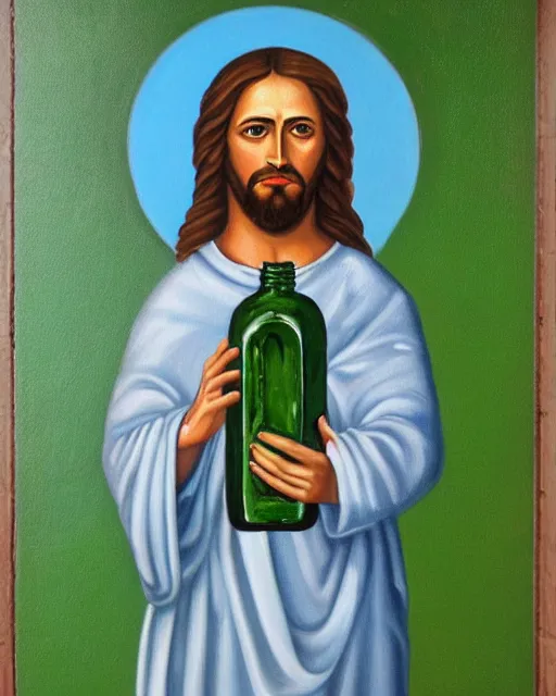 Image similar to detailed painting of jesus christ holding up a green bottle