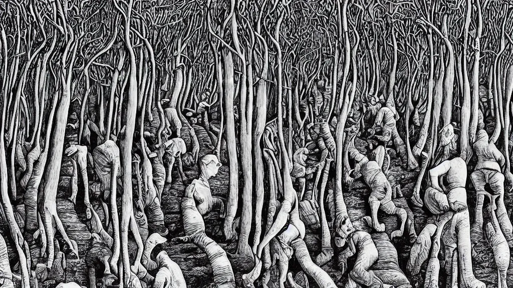 Image similar to a forest of giant thumbs, by escher and chris van allburg, fine inking lines, surreal fantasy