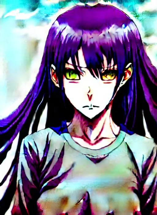 Image similar to style of madhouse studio anime, rei hiroe black lagoon manga, loish, artgerm, joshua middleton comic art, portrait of revy from black lagoon, purple hair, chinese, symmetrical eyes and symmetrical face, jean shorts, white tank top, waist up, sarcastic evil smirk on face, natural lighting, sky and ocean background