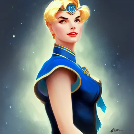 Image similar to Grace Kelly with blue hair as Sailor Moon, western, D&D, fantasy, intricate, elegant, highly detailed, digital painting, artstation, concept art, matte, sharp focus, illustration, art by Artgerm and Greg Rutkowski and Alphonse Mucha