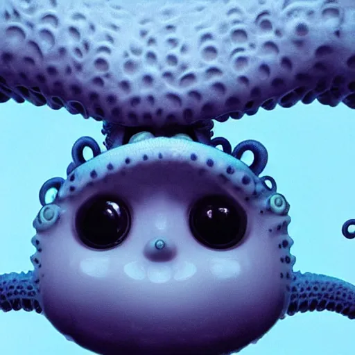 Prompt: beauty photograph of an adorable baby faced alien with tentacles on the sides of it's mouth, blue, tiny horns