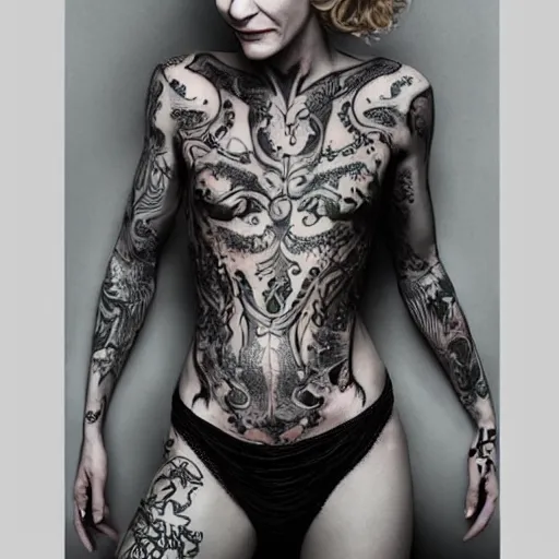 Image similar to full body tattooed cate blanchett, highly detailed, photorealistic, 4k