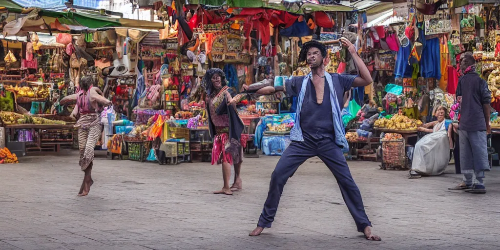 Prompt: the man caught on camera dances in the market, highly detailed, 8 k, masterpiece, super resolution.