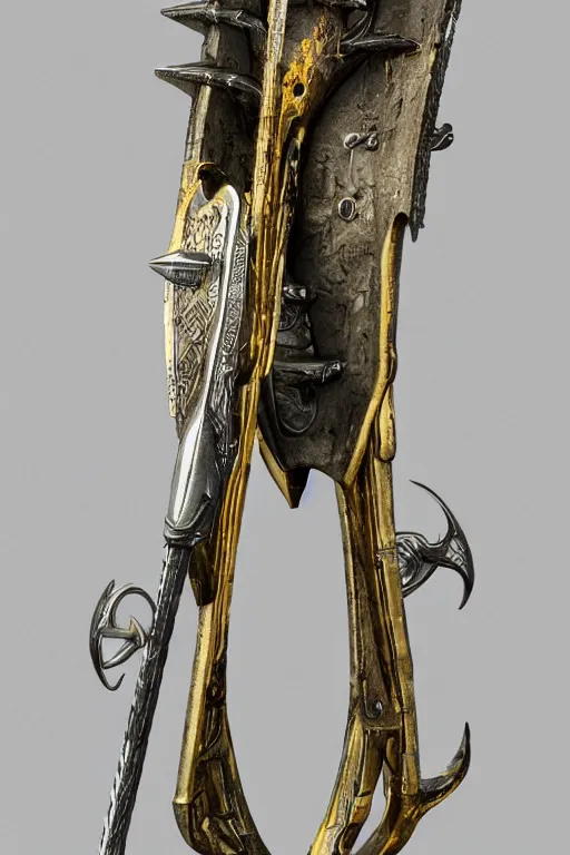 Image similar to photo taken of an epic intricate, ultra detailed, super realistic gritty, longsword weapon hero props, created by weta workshop, zoomed in shots, photorealistic, sharp focus, white wall coloured workshop, cold colour temperture, f 0. 4, face centred, golden ratio, golden hour