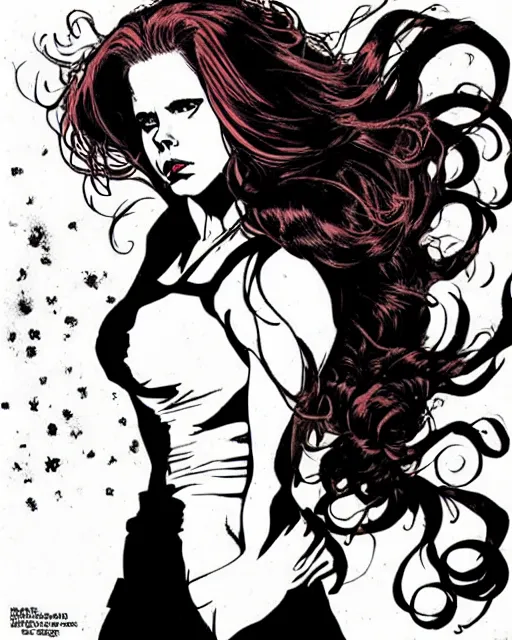 Image similar to style of marc silvestri : : gorgeous vampire amy adams : : sharp teeth fangs, open mouth sneer : : symmetrical face, symmetrical eyes : : gorgeous red hair : : magic lighting, low spacial lighting : :