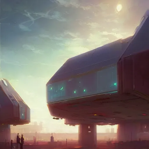 Prompt: scifi concept art of a futuristic suburb, by greg rutkowski, modular minimalistic houses, cumulonimbus clouds, sunset, nostalgic, very very very beautiful art, cinematic lighting, bright pastel color, blue sky