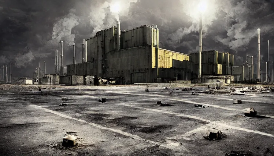 Image similar to Outside a Factory, Glowing Nuclear Waste Fluids Gush out of a Nuclear Facility, Dystopian, Hyperrealistic Rendering, Cinematic Lighting, High Contrast