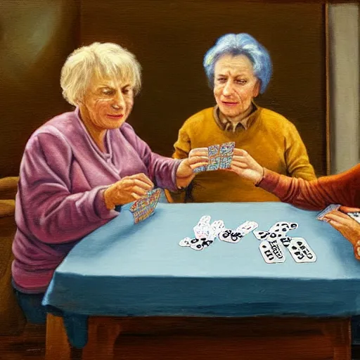 Prompt: 2 old ladies in a blue and brown shirt and a woman playing cards in a commieblock apartment, still life painting, high detail, oil painting