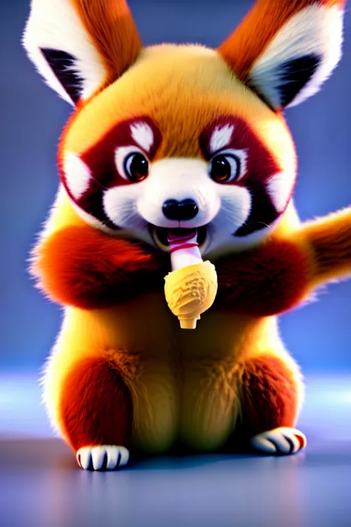 Prompt: high quality 3 d render hyperrealist very cute pastel happy red panda & koala hybrid stuffing mouth with ice cream, vray smooth, in the style of detective pikachu, very dramatic light, low angle, uhd 8 k, shallow depth or field