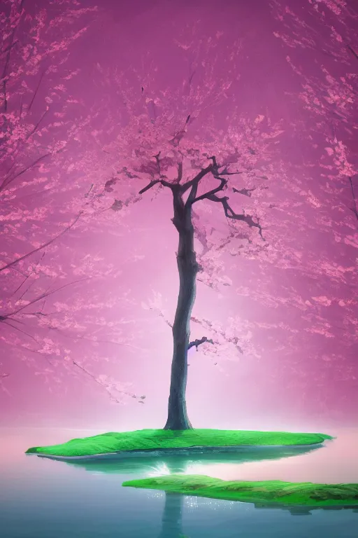 Image similar to a single alone sakura tree growing upon an island in a lake, cherry blossoms, illustration, light beams, simple, minimalist, digital art, oil painting, fantasy, 8 k, trending on artstation, detailed