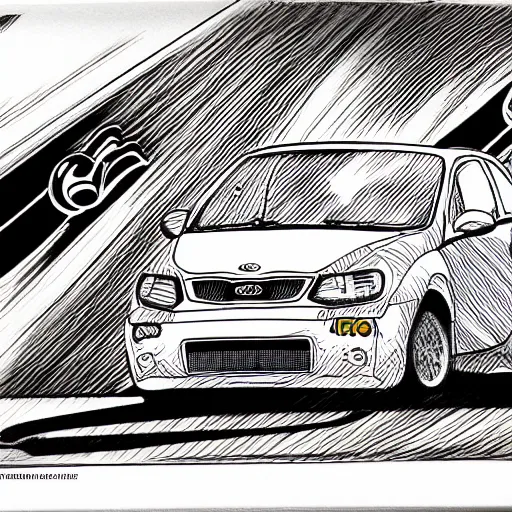 Image similar to Kia Rio hatchback drifting, page from Initial D manga, ink drawing, black and white