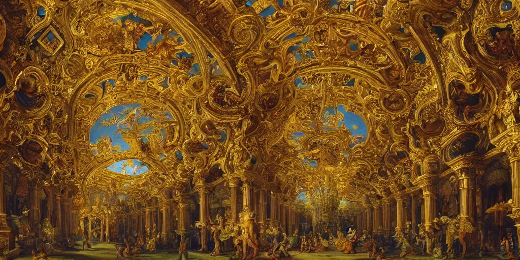 Prompt: beautiful ornate heavenly gold rococo megastructure in the style of heironymus bosch, colorful light intricate masterpiece, hyper detailed, hd