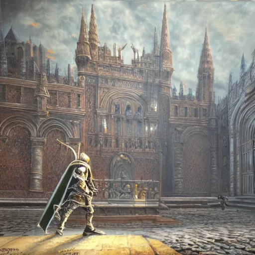 Image similar to Anor Londo, oil on canvas, extremely detailed,