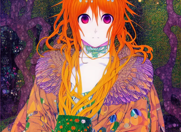 Prompt: anime full body portrait mother of the forest, colorful, ritual, feathered robe, omoide emanon, tsuruta kenji, murata range, pixiv, vibrant, magical fantasy, gustav klimt, artstation, digital art, enchanted, owls, kyoto animation