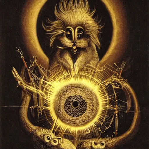 Image similar to furry freaky creature sings a unique canto about'as above so below'being ignited by the spirit of haeckel and robert fludd, breakthrough is iminent, glory be to the magic within