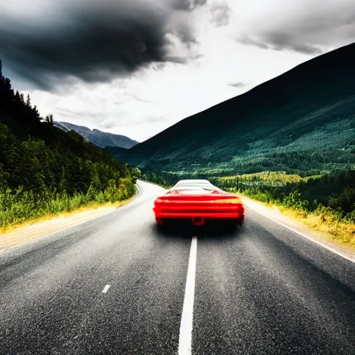 Image similar to nightmarish creatures rushing towards car, black pontiac firebird trans - am driving towards the camera, norway mountains, red glow in sky, valley, large lake, dynamic, cinematic, motionblur, volumetric lighting, wide shot, low angle, large lightning storm, thunder storm